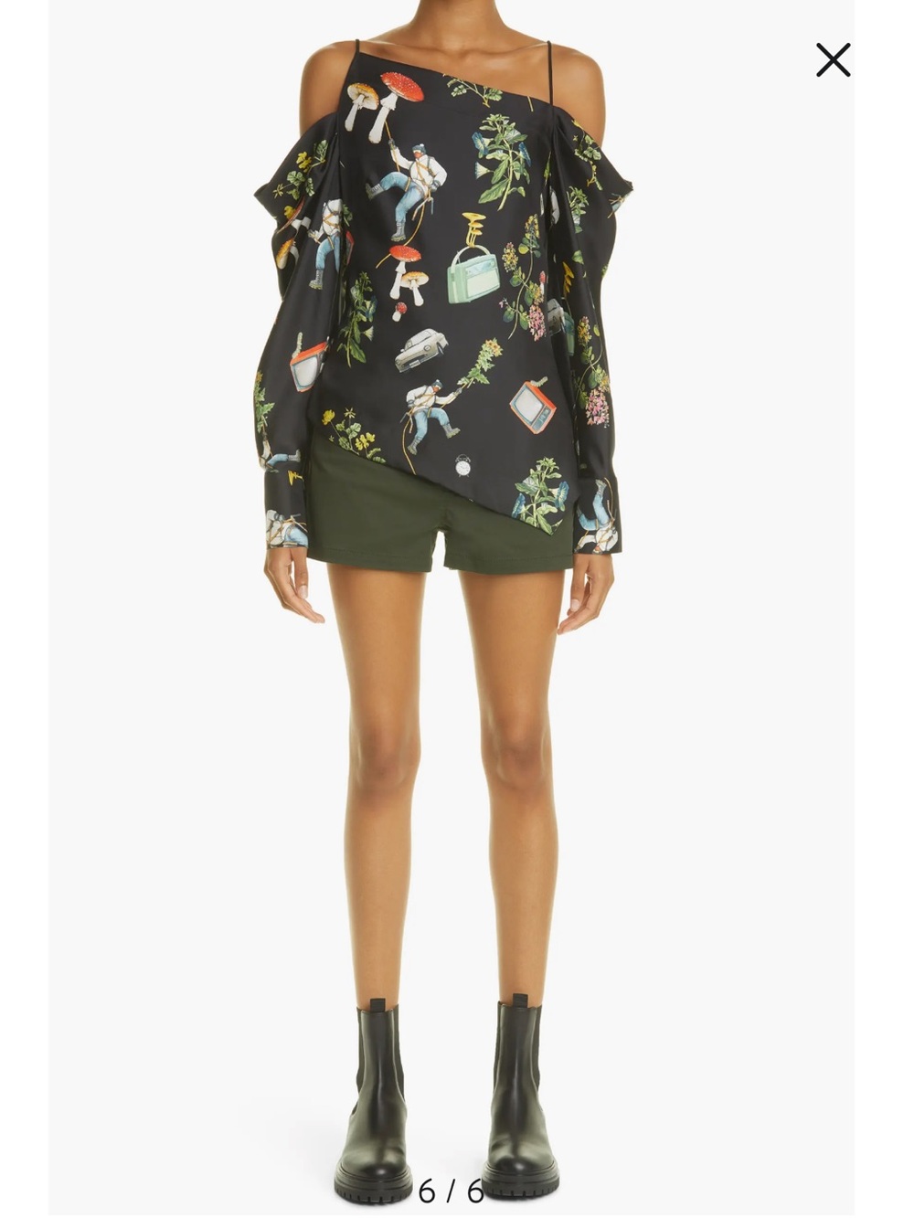 MONSE Silk Twill Cold Shoulder Blouse Botanical Climber Print Black Size 0